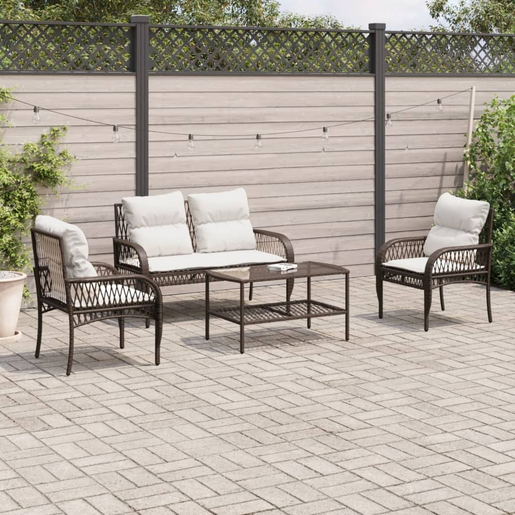 4 Piece Patio Sofa Set with Cushions Brown Poly Rattan