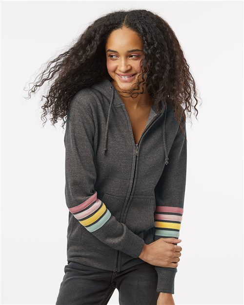Women's Striped Sleeves Full-Zip Hooded Sweatshirt - 11770