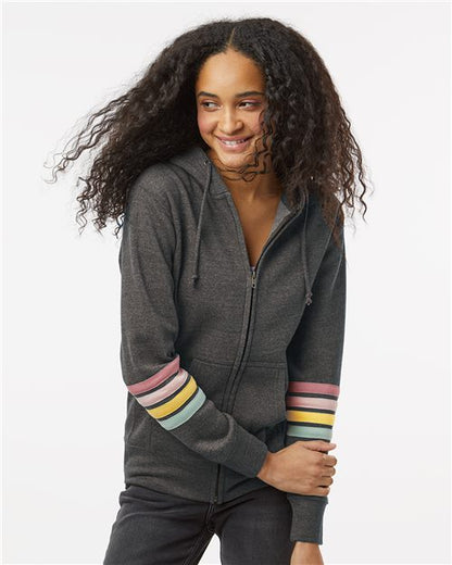 Women's Striped Sleeves Full-Zip Hooded Sweatshirt - 11770