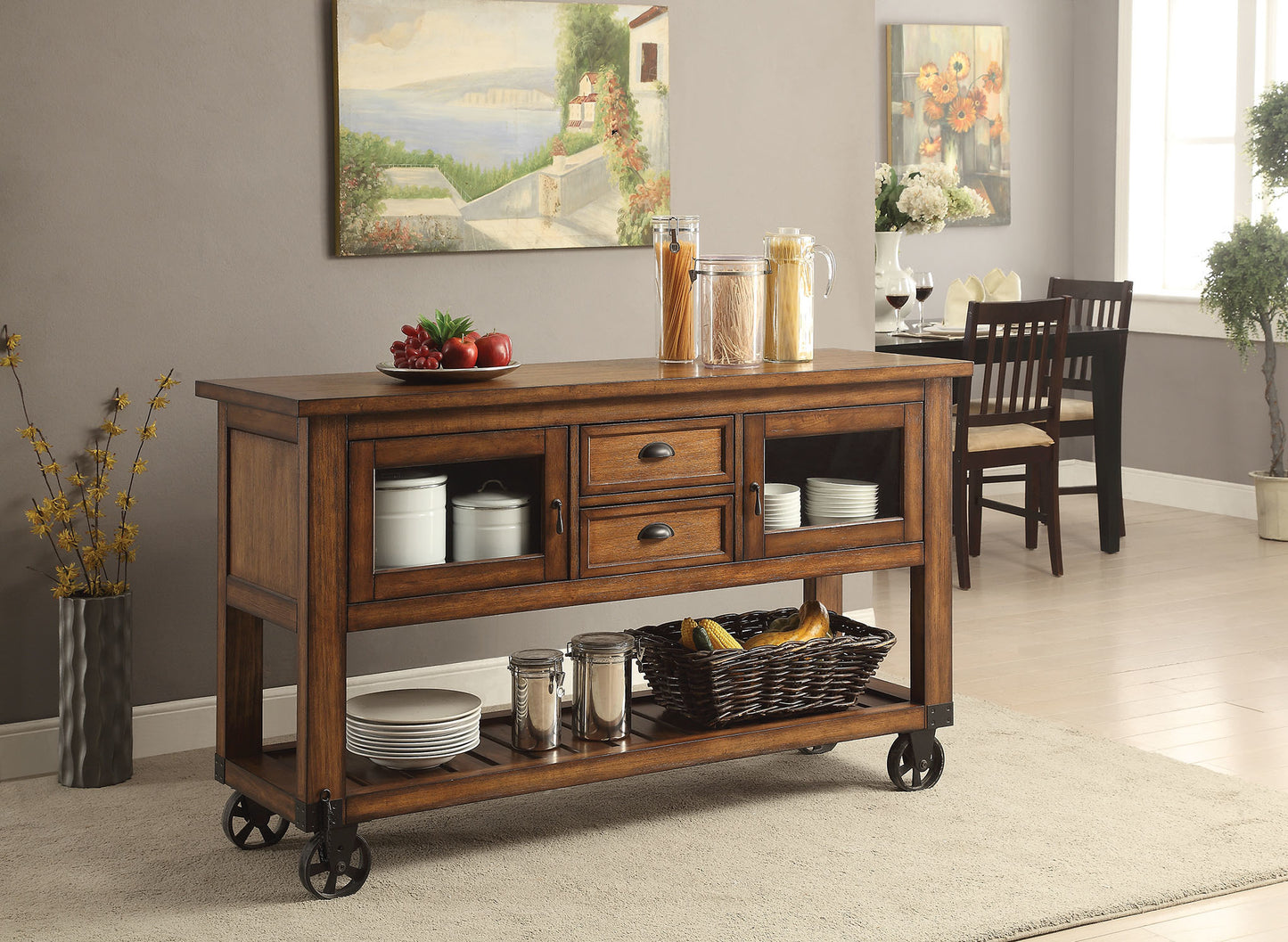 58" Rustic Brown Rolling Kitchen Cart With Storage