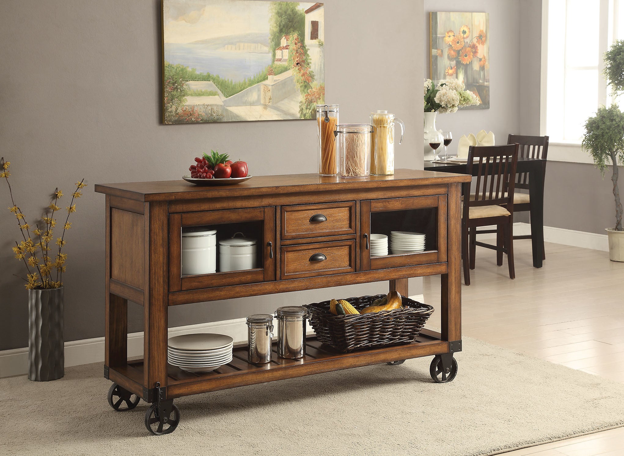 58" Rustic Brown Rolling Kitchen Cart With Storage