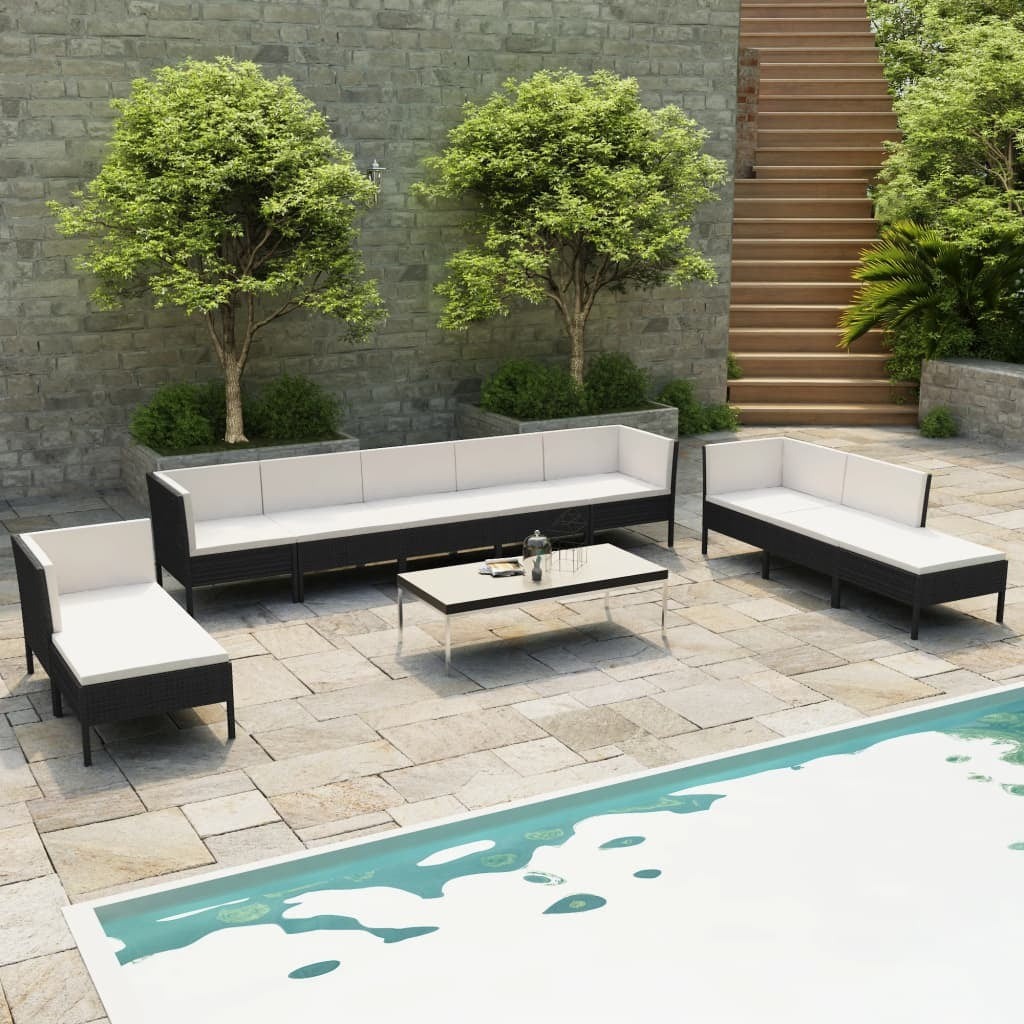 10 Piece Patio Lounge Set with Cushions Poly Rattan Black