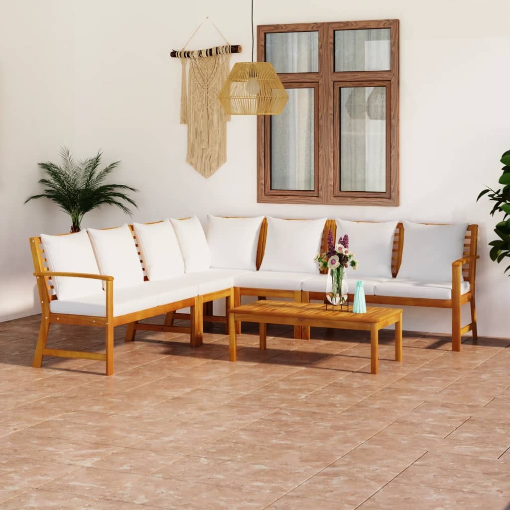 6 Piece Patio Lounge Set with Cushion Cream Solid Acacia Wood