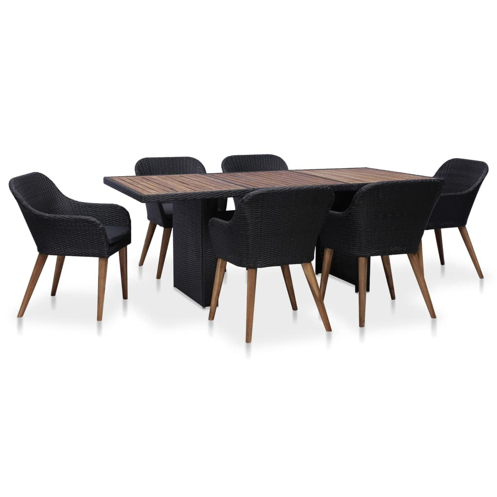 7 Piece Patio Dining Set with Cushions Poly Rattan Black