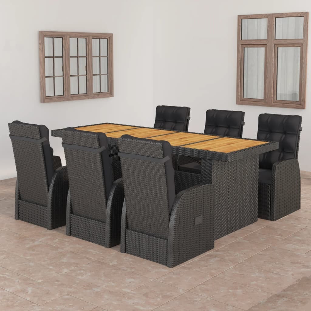 7 Piece Patio Dining Set with Cushions Poly Rattan Black