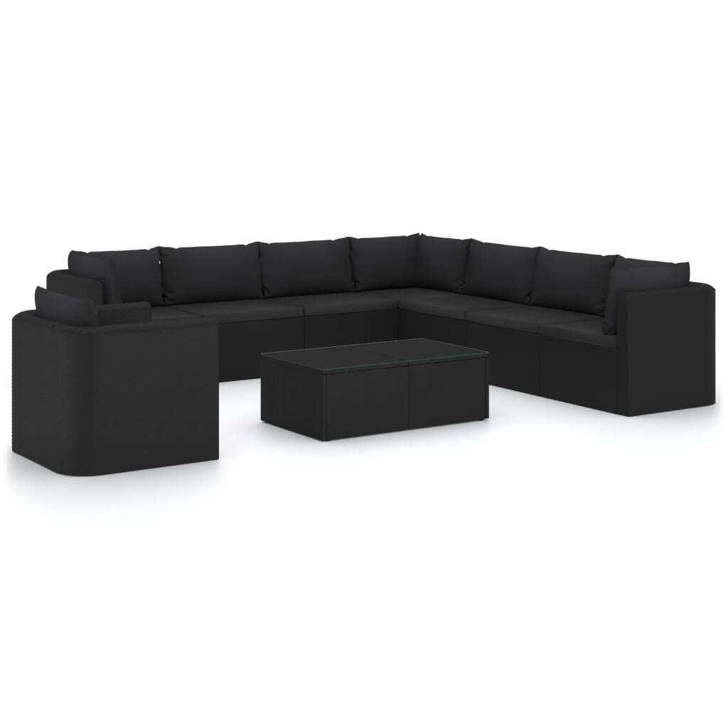10 Piece Patio Lounge Set with Cushions Poly Rattan Black