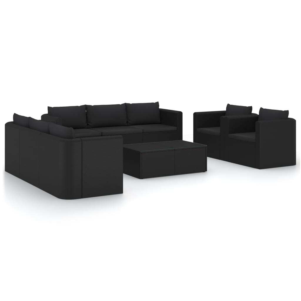 10 Piece Patio Lounge Set with Cushions Poly Rattan Black