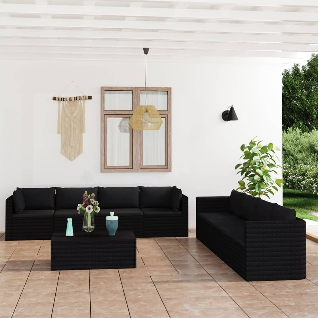 9 Piece Patio Lounge Set with Cushions Poly Rattan Black