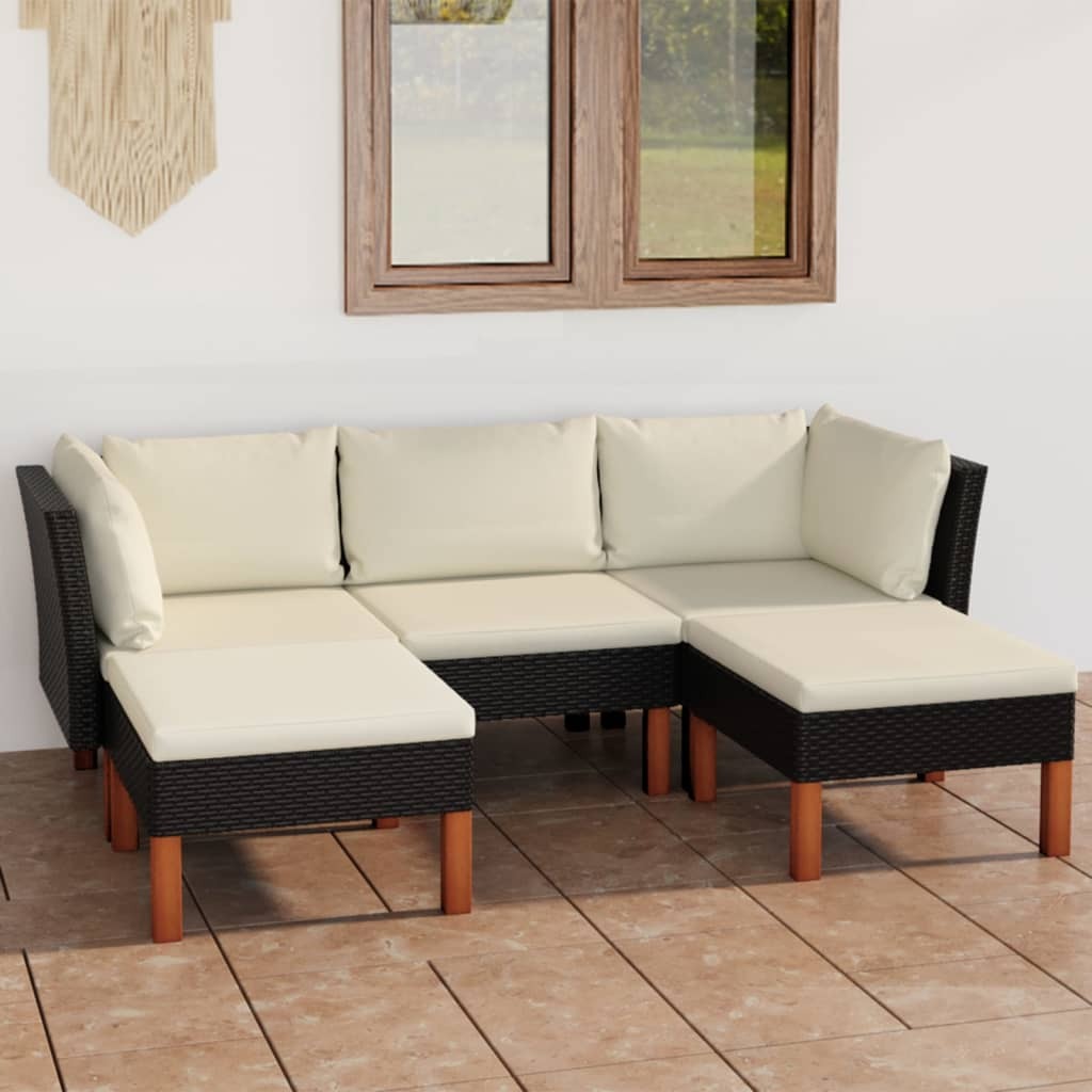 5 Piece Patio Lounge Set with Cushions Poly Rattan Black