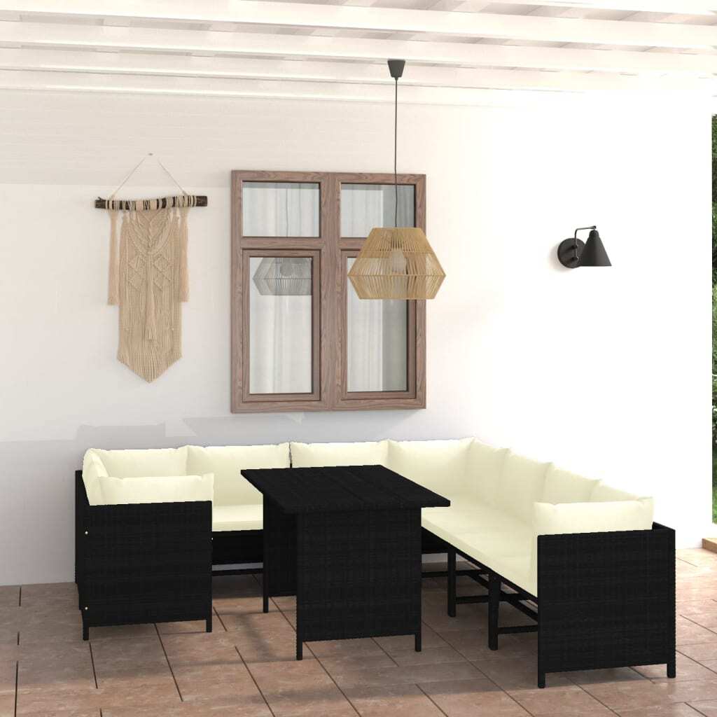 9 Piece Patio Lounge Set with Cushions Poly Rattan Black