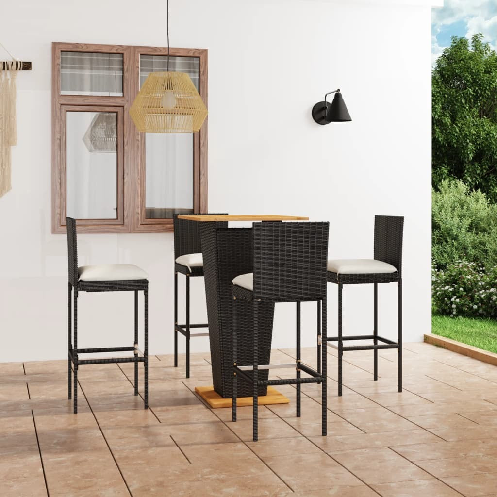 5 Piece Patio Bar Set with Cushions Poly Rattan Black