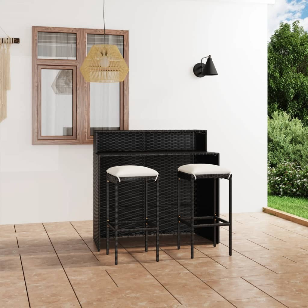 3 Piece Patio Bar Set with Cushions Black