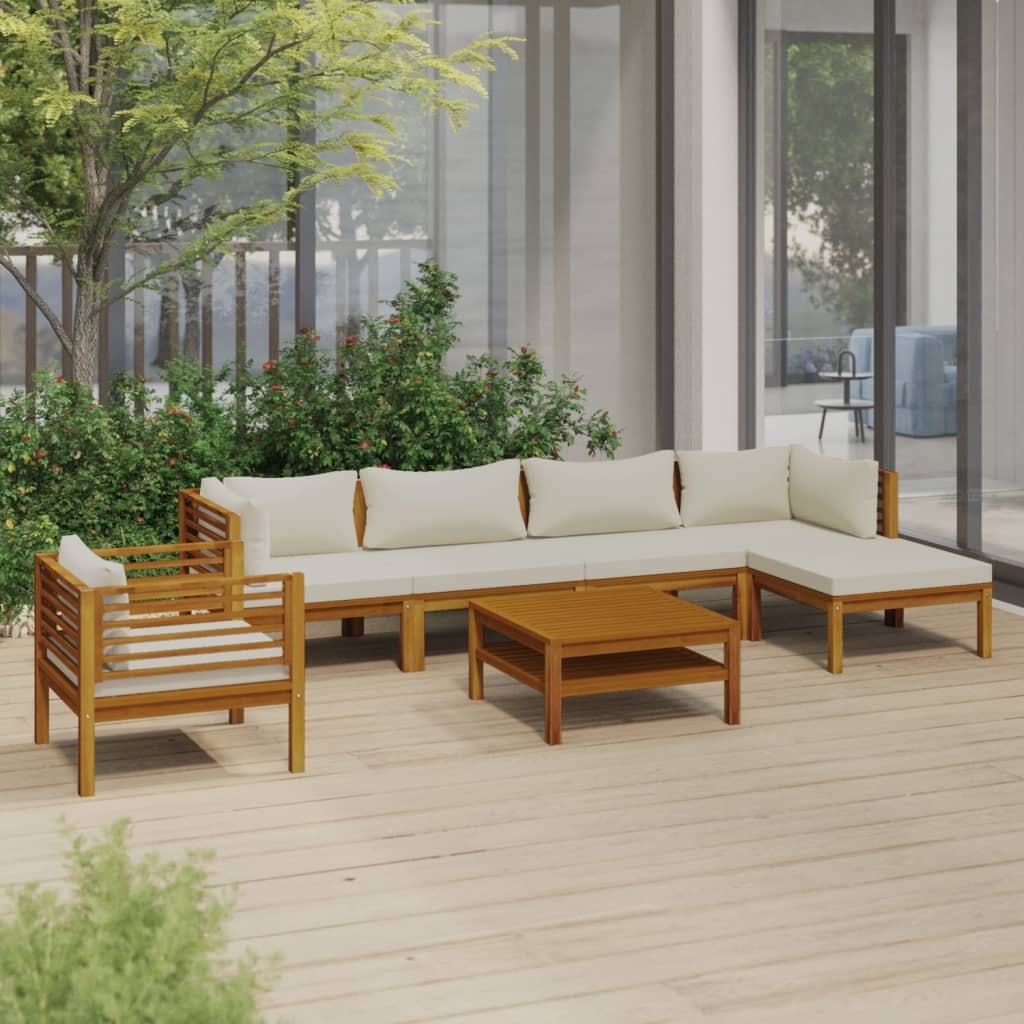 7 Piece Patio Lounge Set with Cream Cushion Solid Acacia Wood
