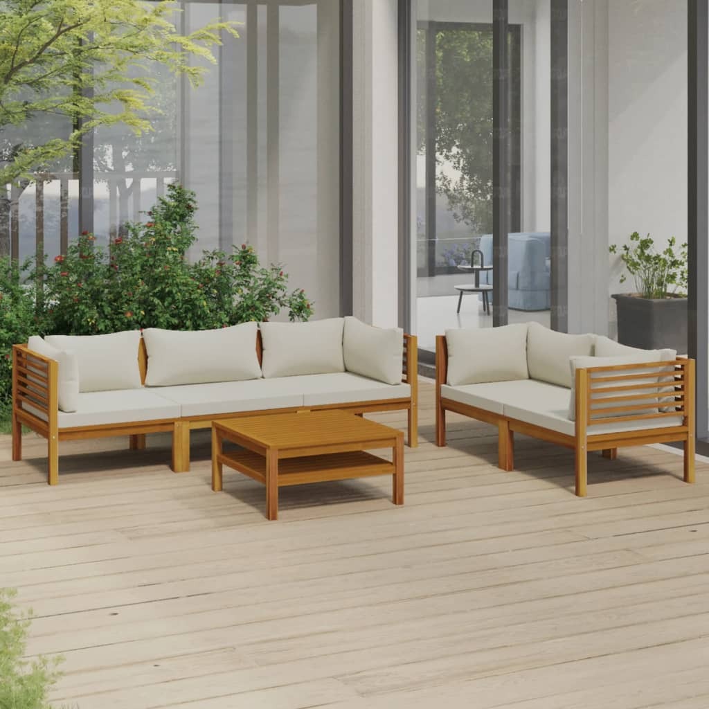 6 Piece Patio Lounge Set with Cream Cushion Solid Acacia Wood