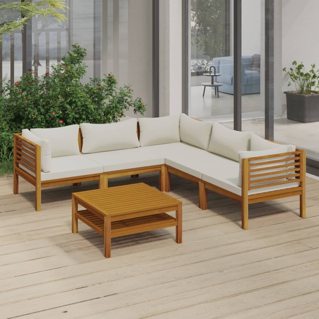 6 Piece Patio Lounge Set with Cream Cushion Solid Acacia Wood