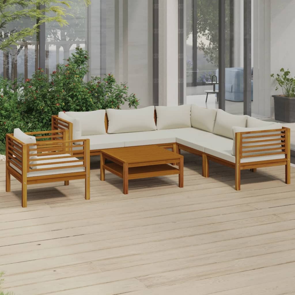 7 Piece Patio Lounge Set with Cream Cushion Solid Acacia Wood