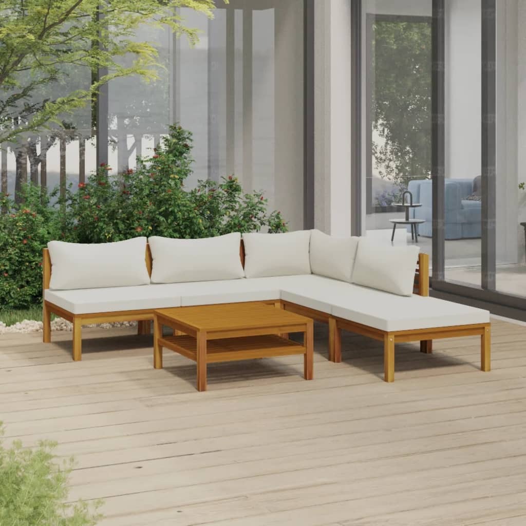 6 Piece Patio Lounge Set with Cream Cushion Solid Acacia Wood