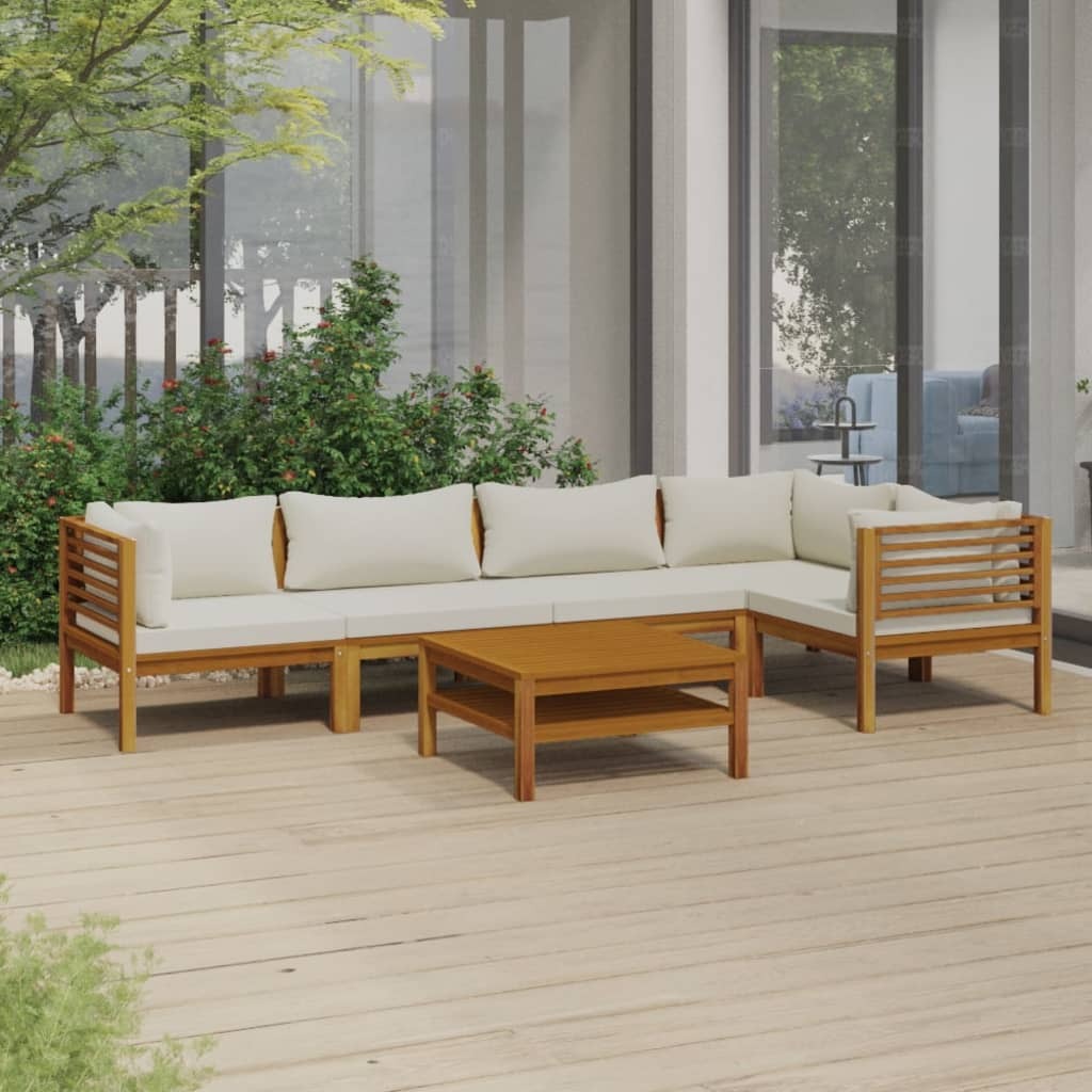 6 Piece Patio Lounge Set with Cream Cushion Solid Acacia Wood