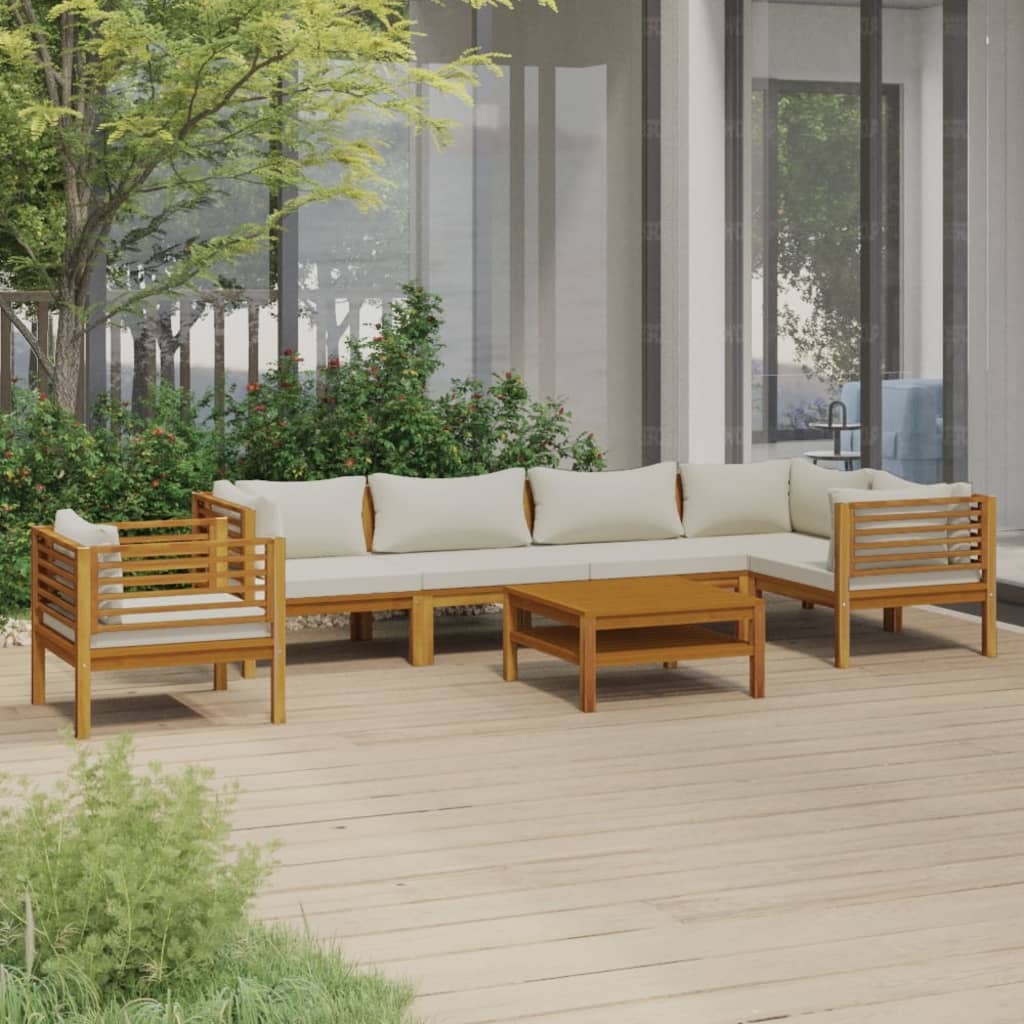 7 Piece Patio Lounge Set with Cream Cushion Solid Acacia Wood