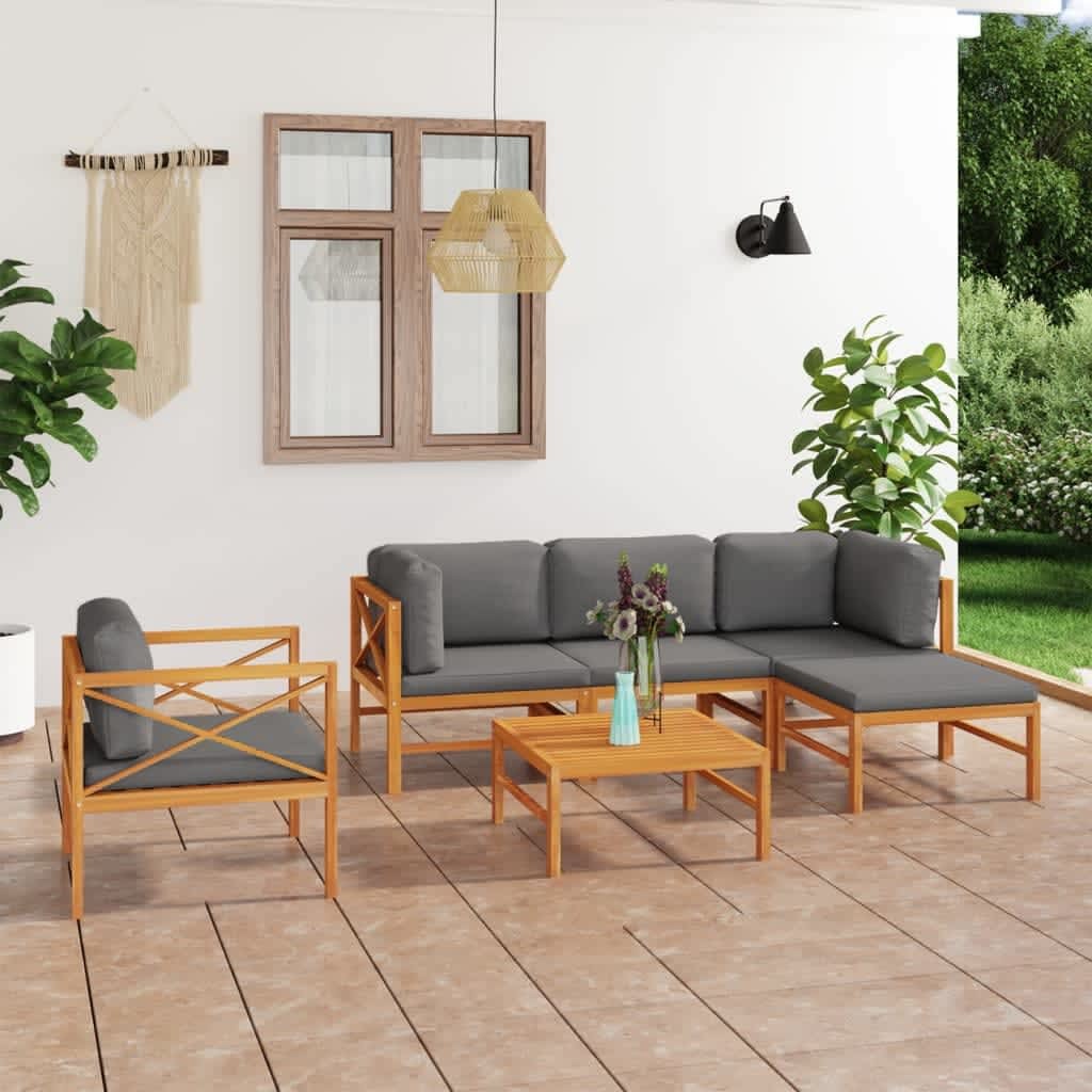 6 Piece Patio Lounge Set with Gray Cushions Solid Teak Wood