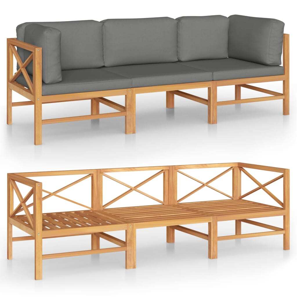 3-Seater Patio Sofa with Gray Cushions Solid Teak Wood