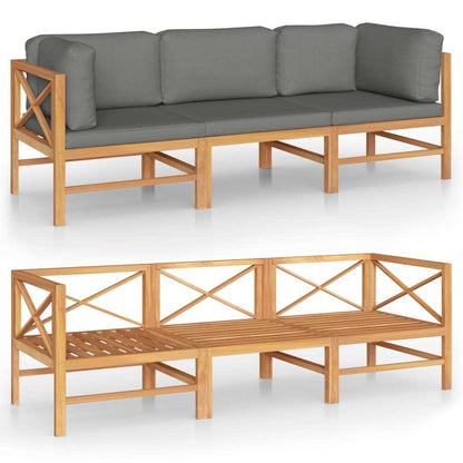 3-Seater Patio Sofa with Gray Cushions Solid Teak Wood
