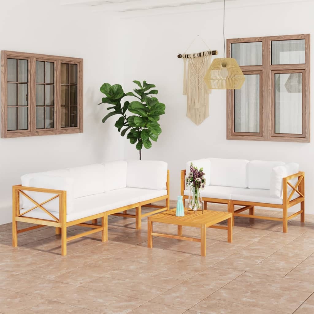 6 Piece Patio Lounge Set with Cream Cushions Solid Teak Wood