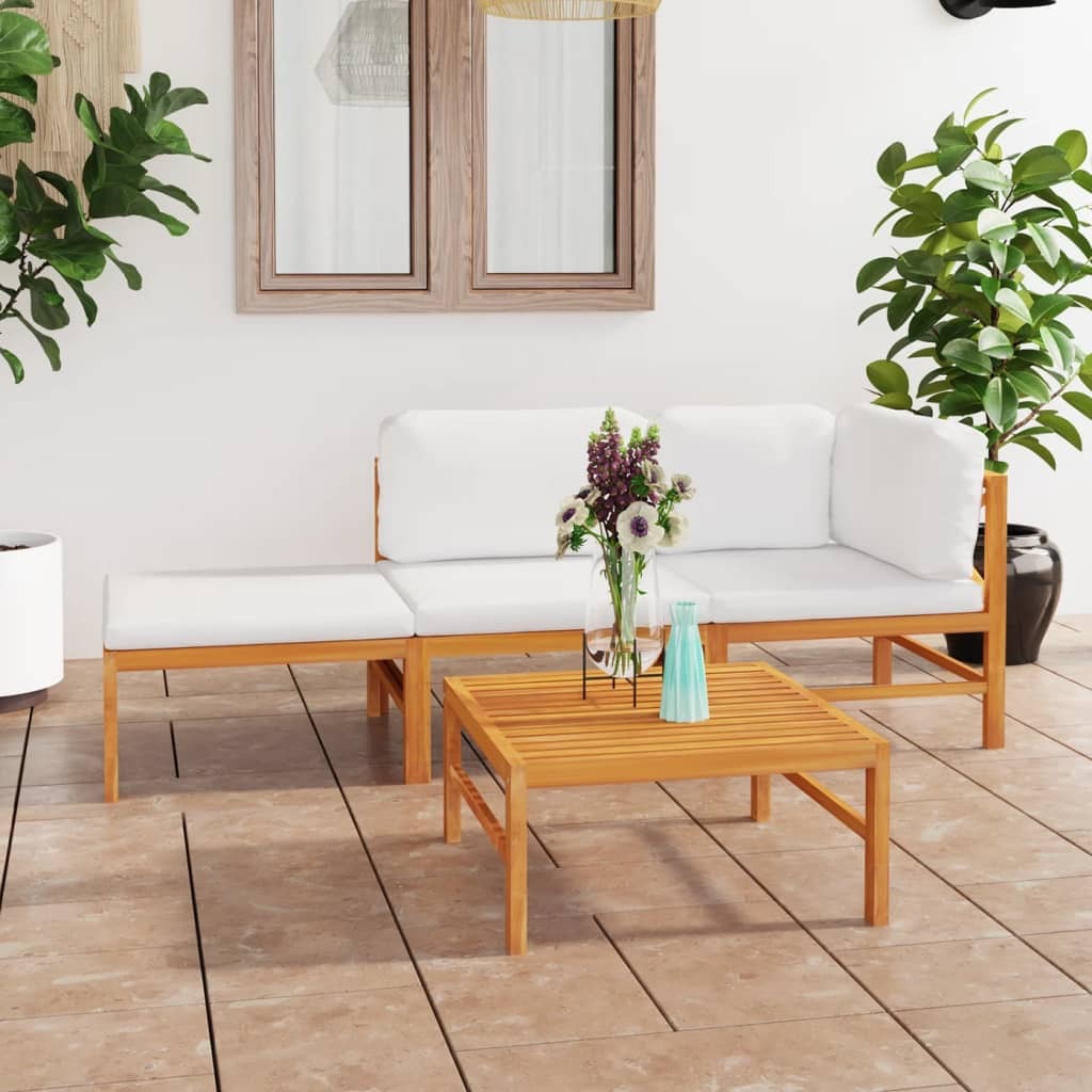4 Piece Patio Lounge Set with Cream Cushions Solid Teak Wood