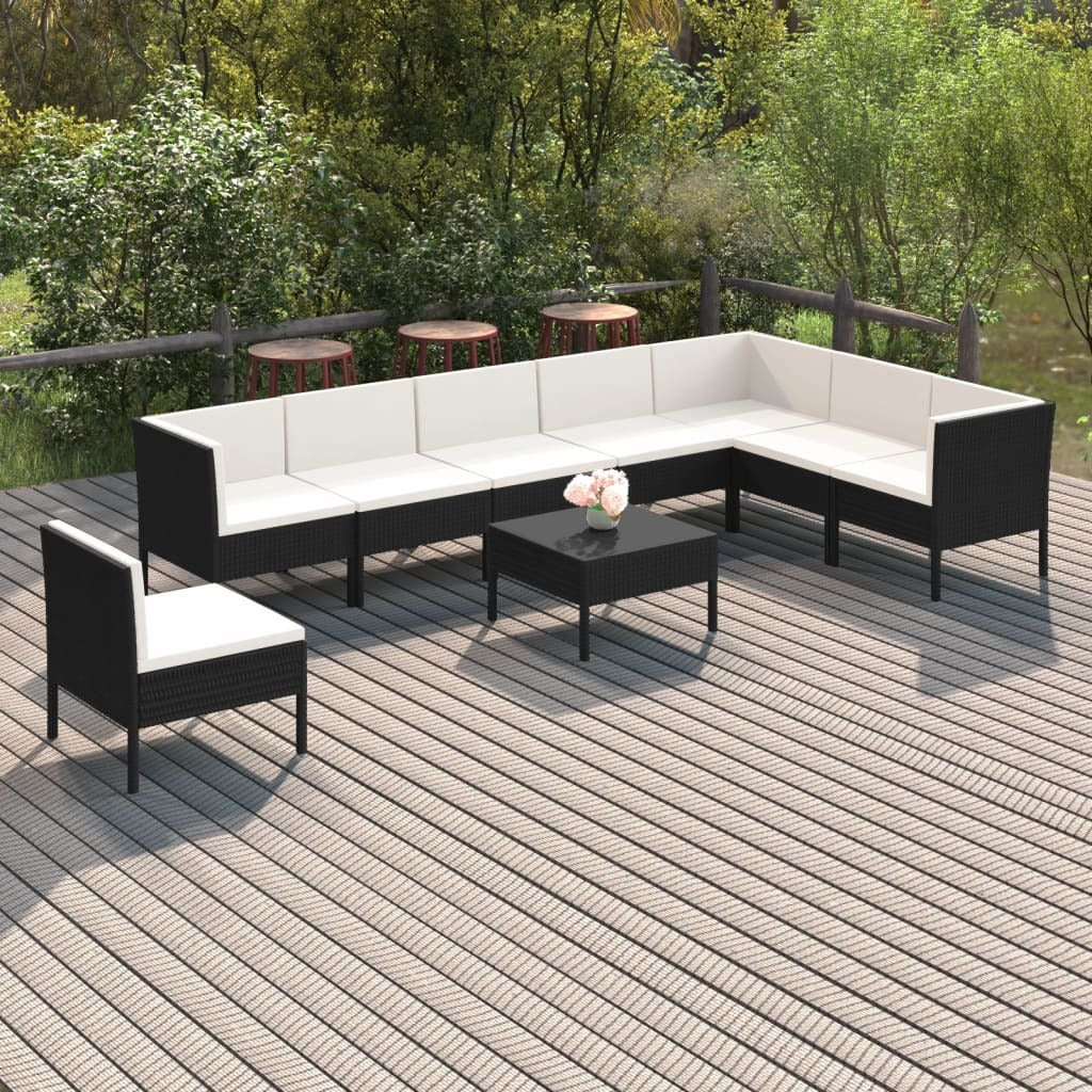 9 Piece Patio Lounge Set with Cushions Poly Rattan Black