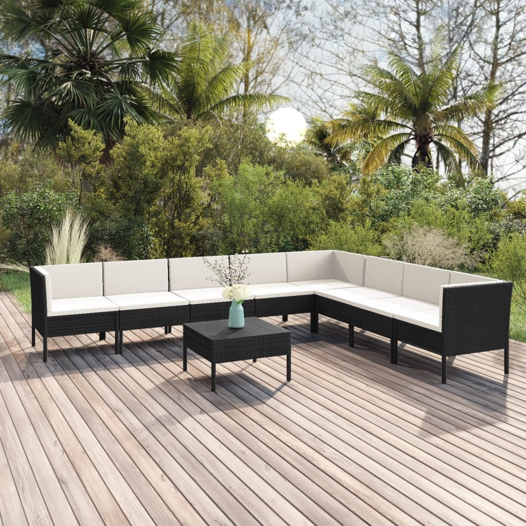 9 Piece Patio Lounge Set with Cushions Poly Rattan Black