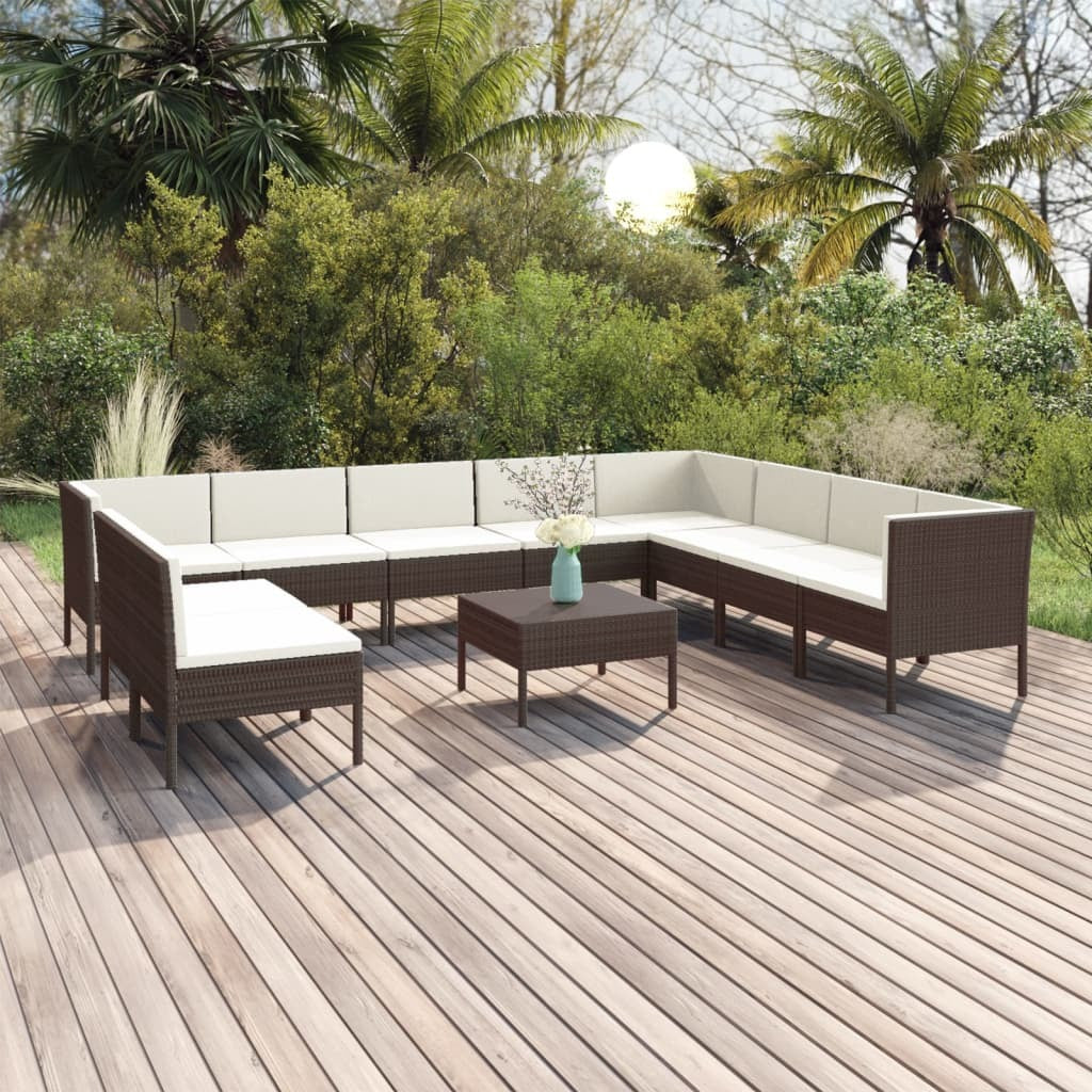 11 Piece Patio Lounge Set with Cushions Poly Rattan Brown