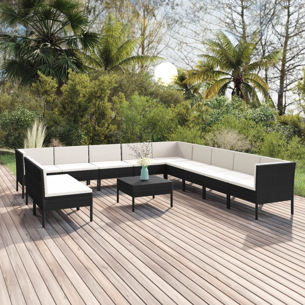 12 Piece Patio Lounge Set with Cushions Poly Rattan Black