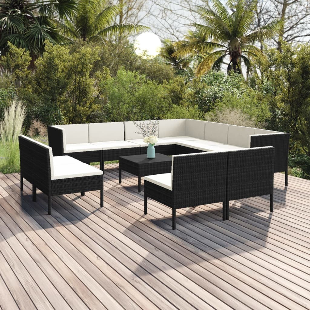 12 Piece Patio Lounge Set with Cushions Poly Rattan Black