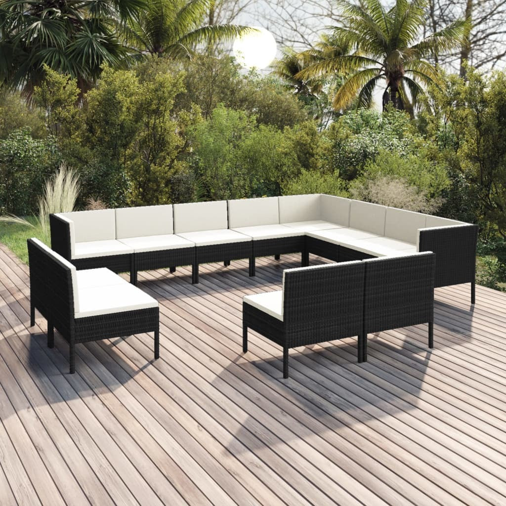 12 Piece Patio Lounge Set with Cushions Poly Rattan Black