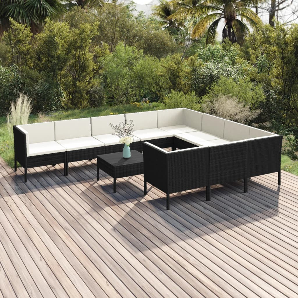 11 Piece Patio Lounge Set with Cushions Poly Rattan Black