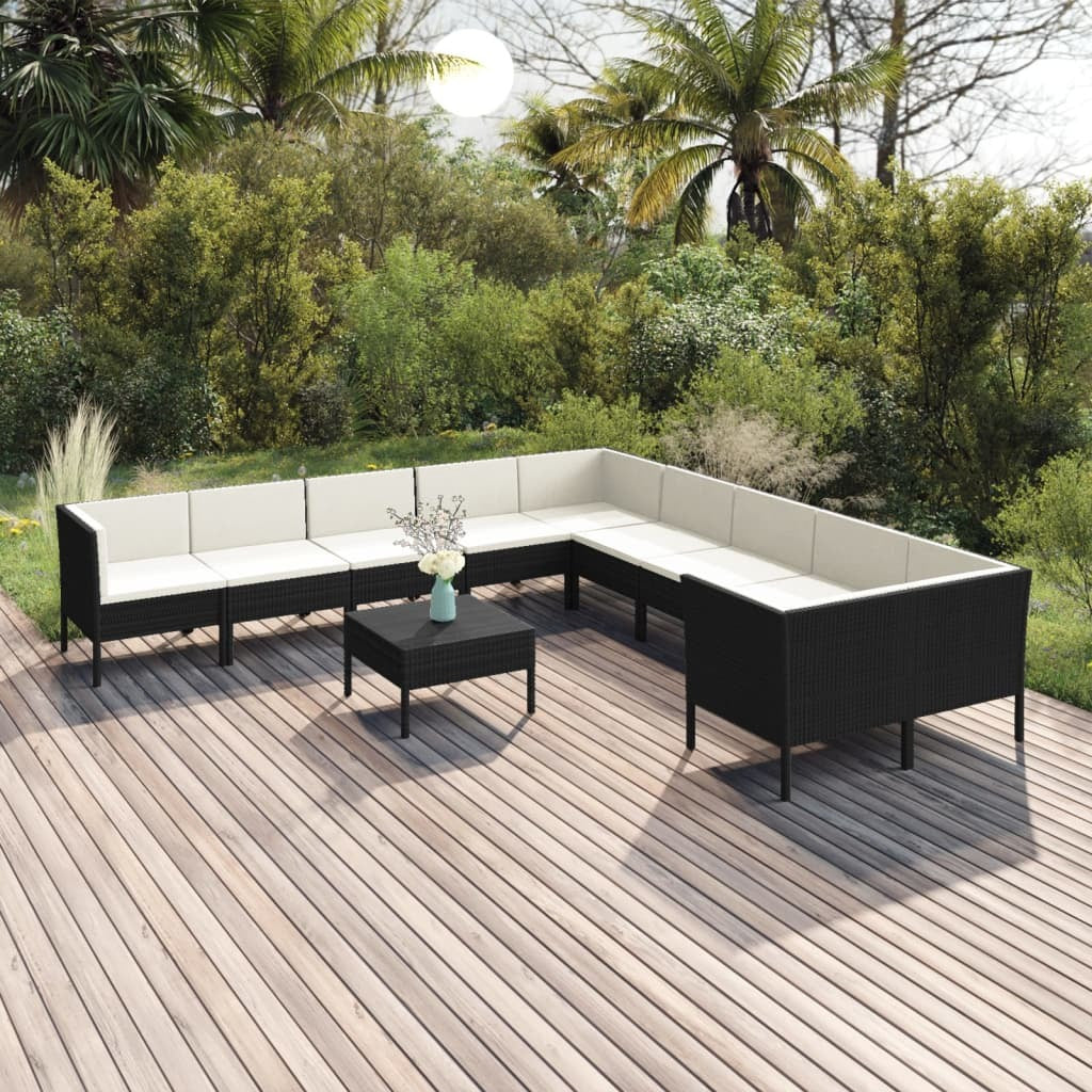 11 Piece Patio Lounge Set with Cushions Poly Rattan Black