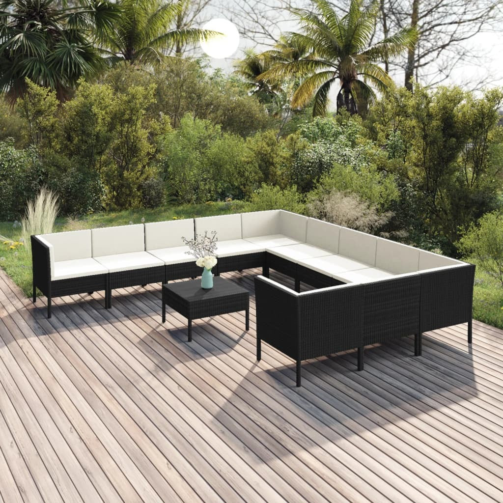 12 Piece Patio Lounge Set with Cushions Poly Rattan Black