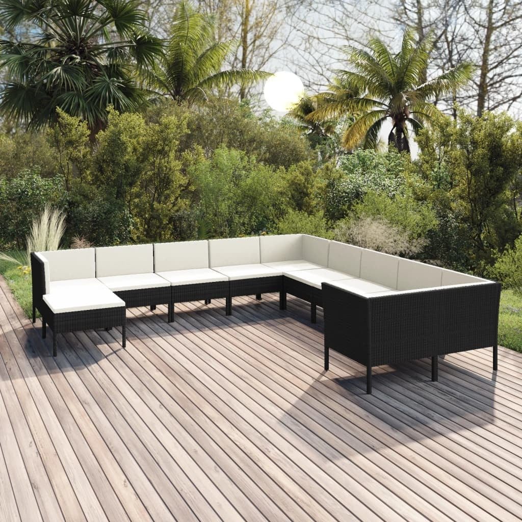 11 Piece Patio Lounge Set with Cushions Poly Rattan Black