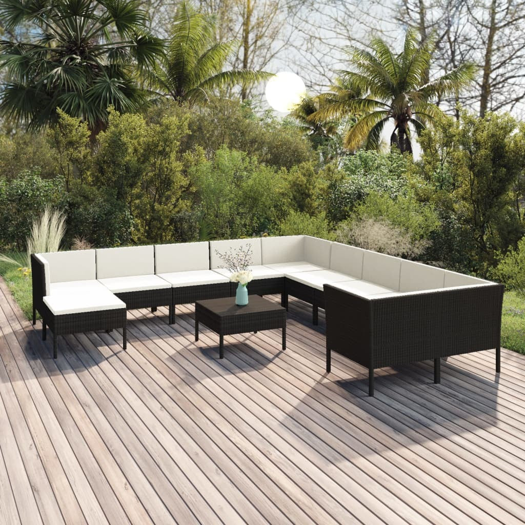 12 Piece Patio Lounge Set with Cushions Poly Rattan Black