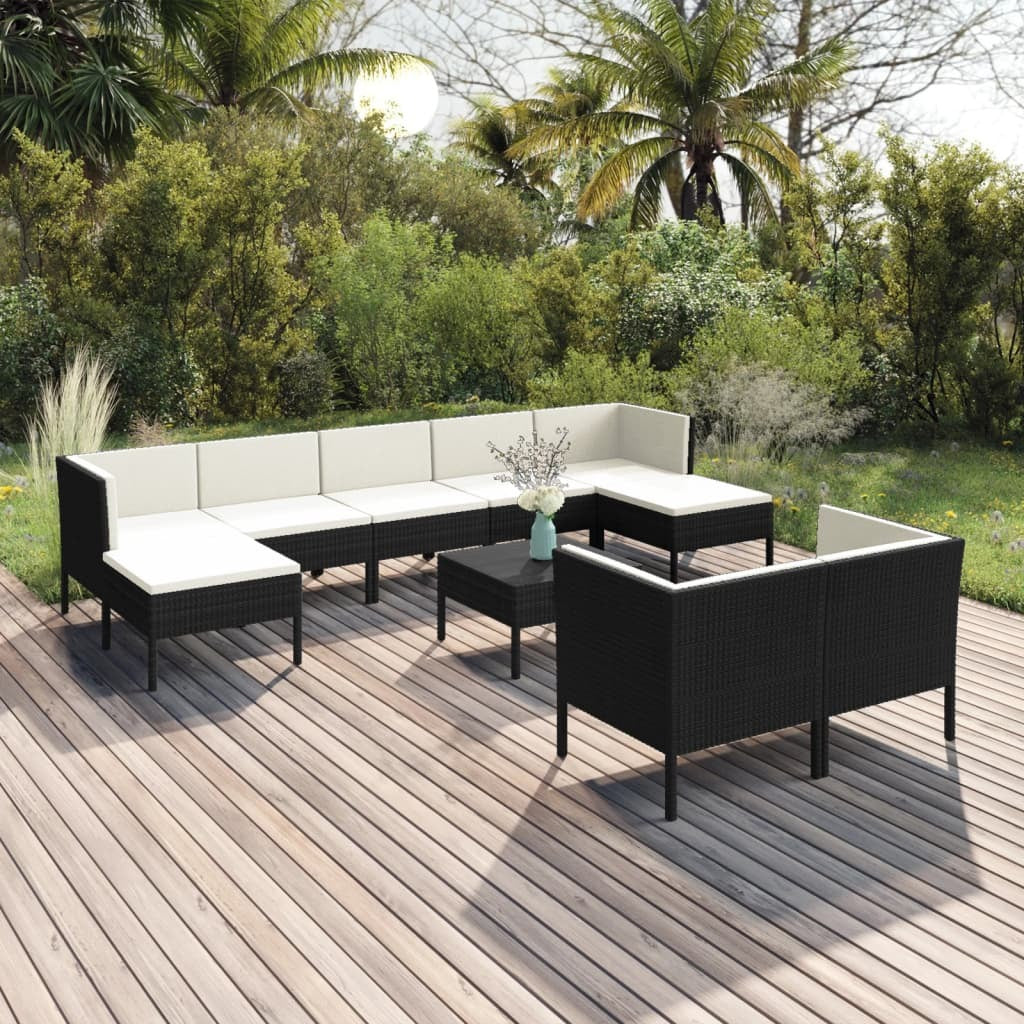10 Piece Patio Lounge Set with Cushions Poly Rattan Black
