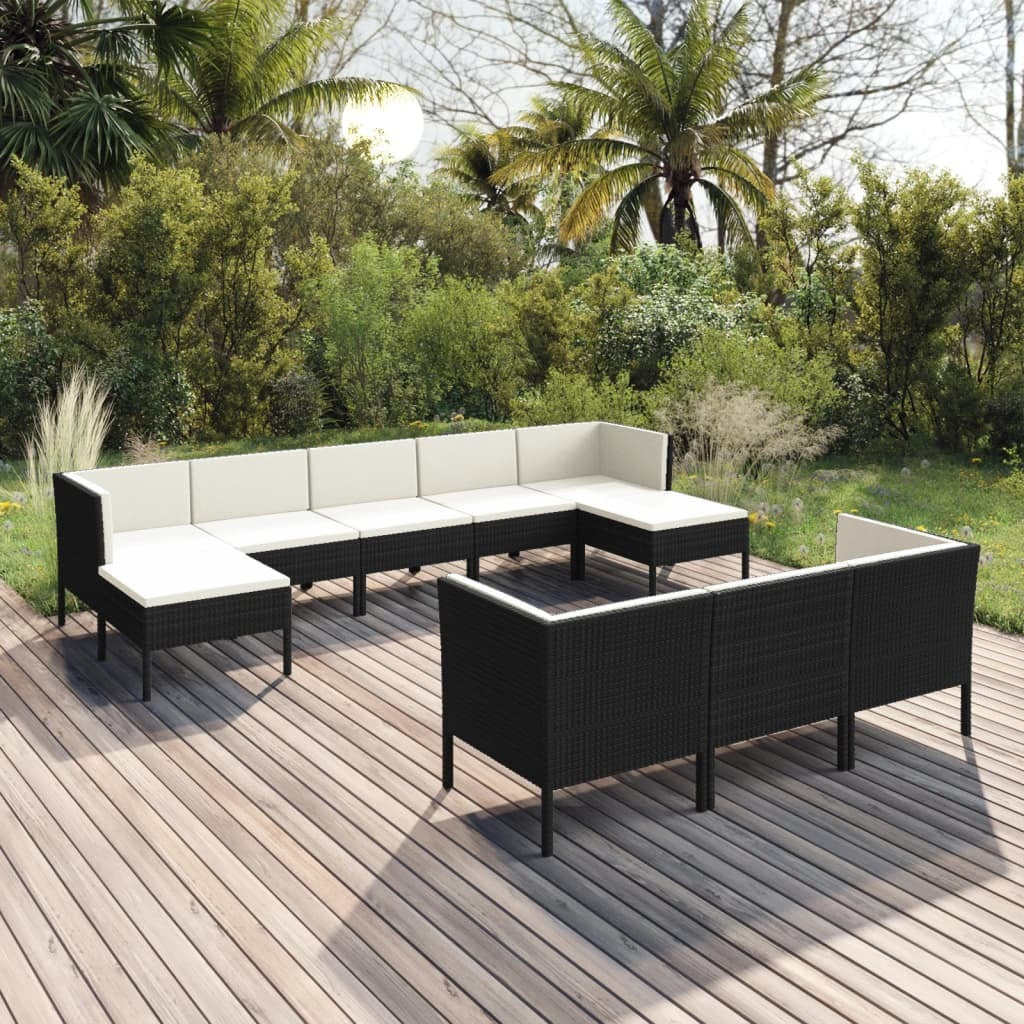 10 Piece Patio Lounge Set with Cushions Poly Rattan Black