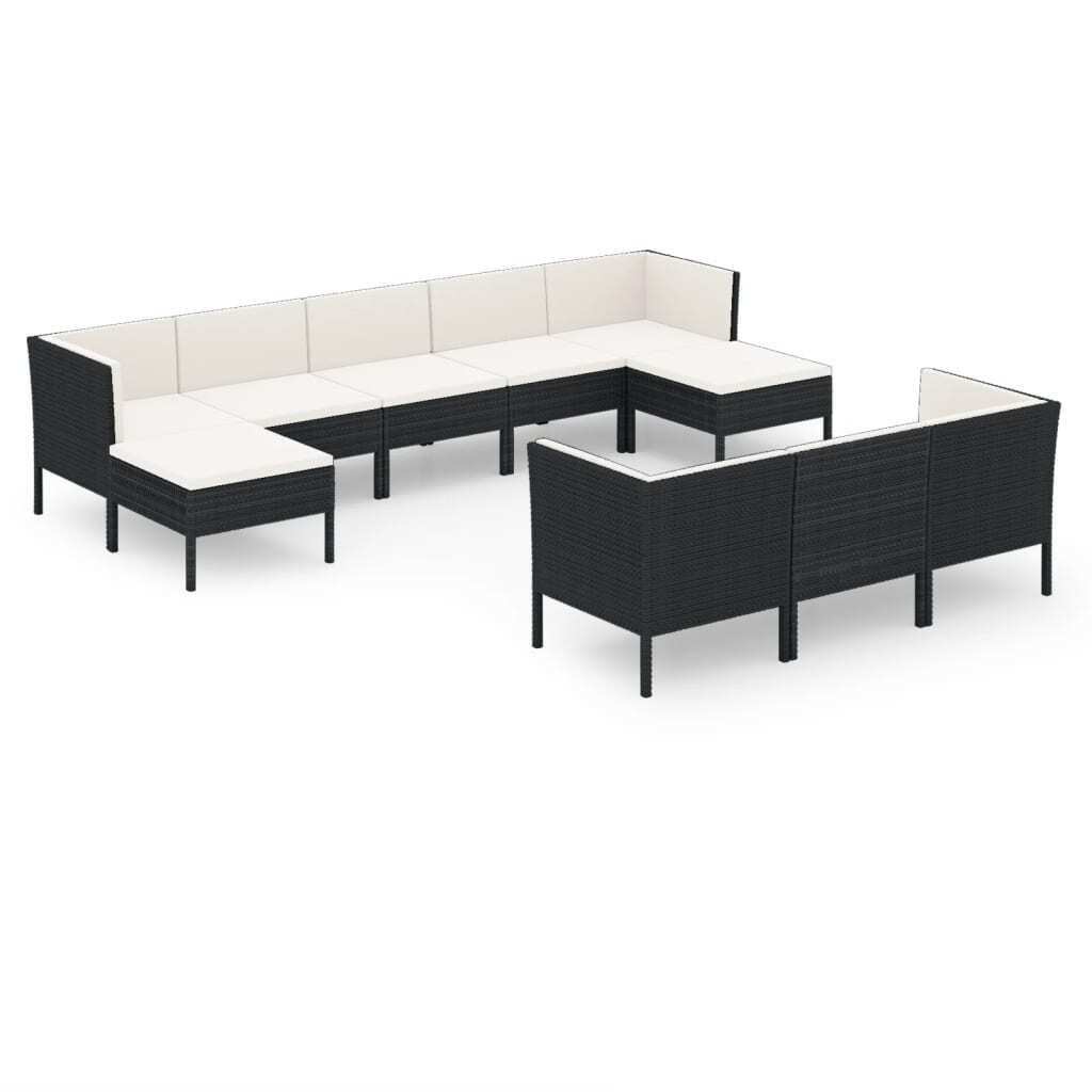 10 Piece Patio Lounge Set with Cushions Poly Rattan Black