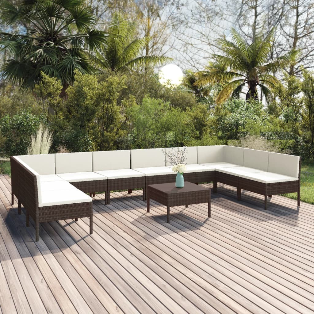 11 Piece Patio Lounge Set with Cushions Poly Rattan Brown