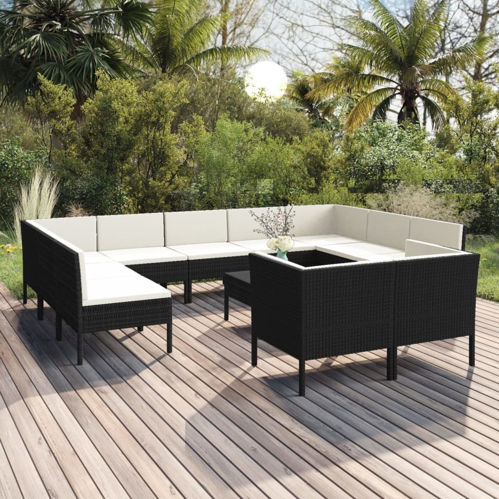 12 Piece Patio Lounge Set with Cushions Poly Rattan Black