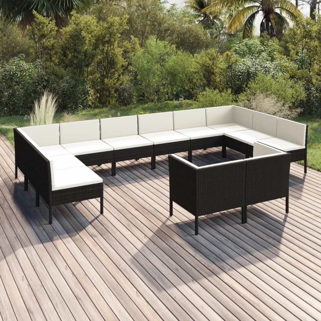 12 Piece Patio Lounge Set with Cushions Poly Rattan Black