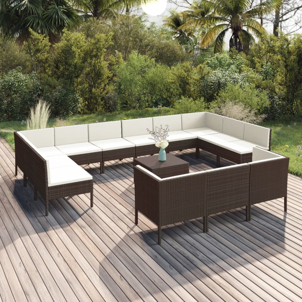 14 Piece Patio Lounge Set with Cushions Poly Rattan Brown