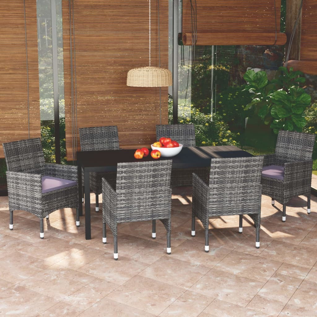 7 Piece Patio Dining Set with Cushions Poly Rattan Gray