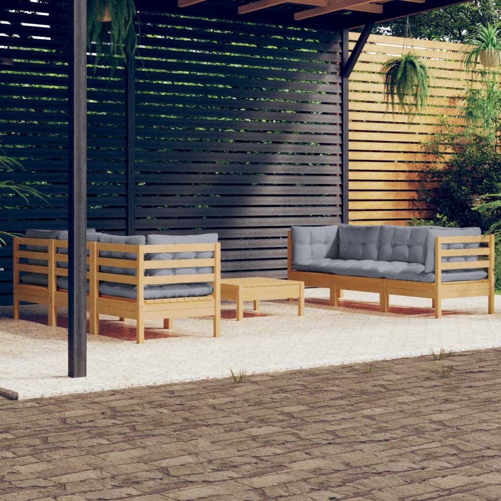 7 Piece Patio Lounge Set with Gray Cushions Pinewood