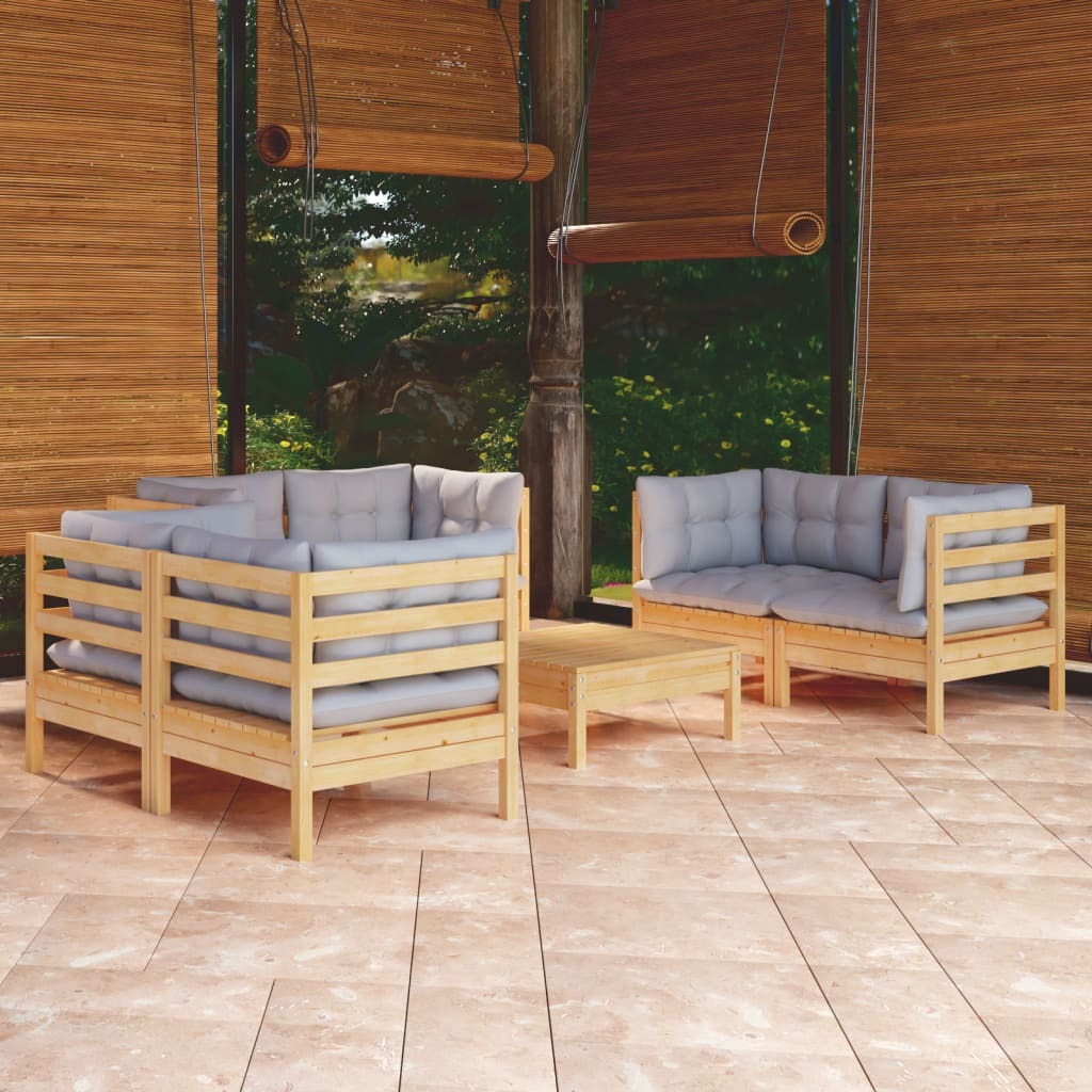 7 Piece Patio Lounge Set with Gray Cushions Solid Pinewood