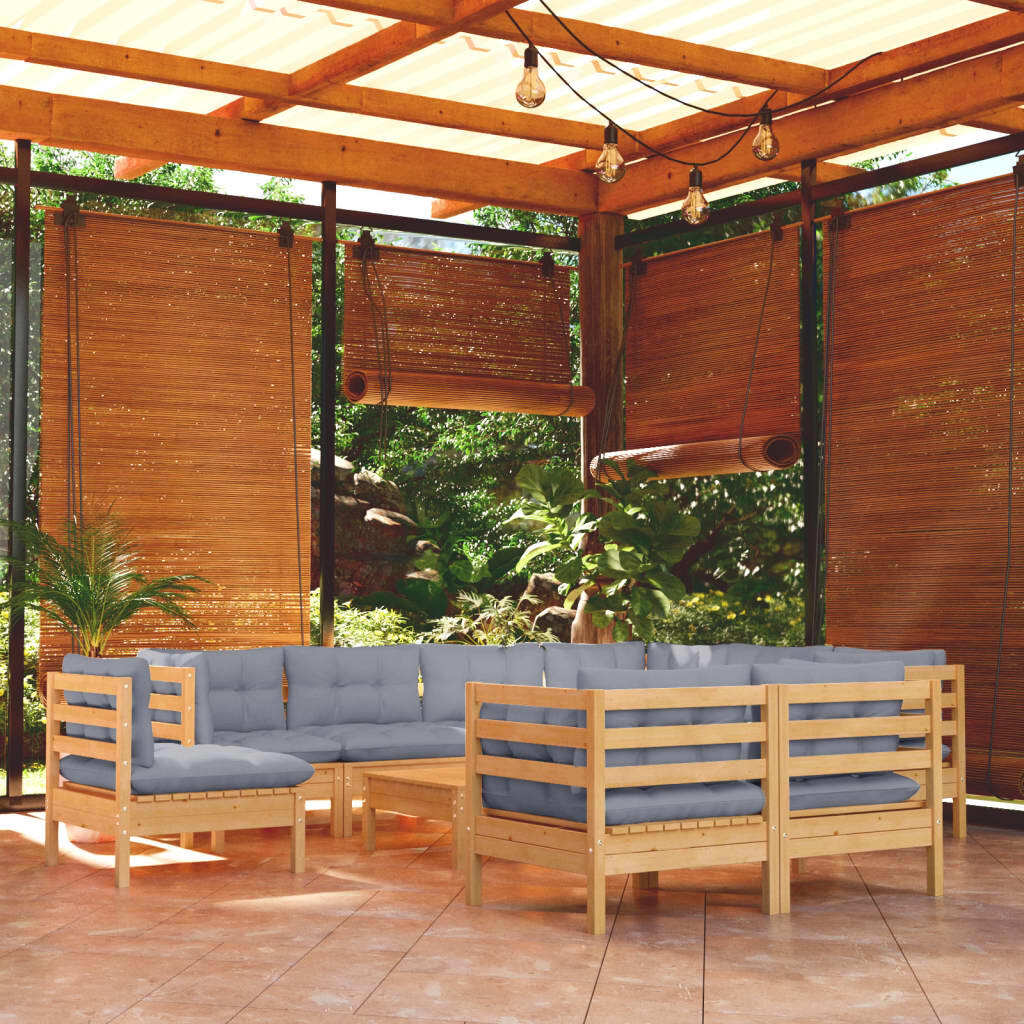 10 Piece Patio Lounge Set with Gray Cushions Solid Pinewood